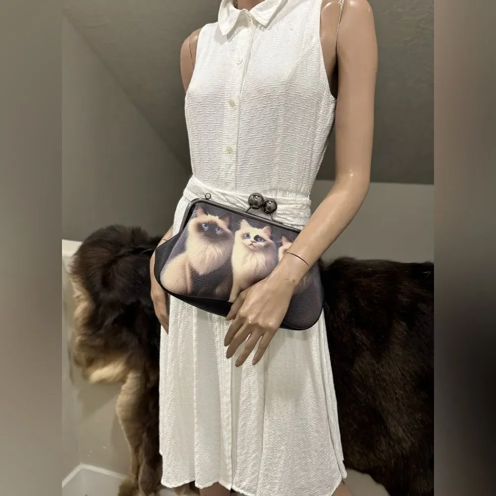 Unique Cats Print Pebble Cowhide Handmade Large Ball Kisslock Handbag, Multi Use